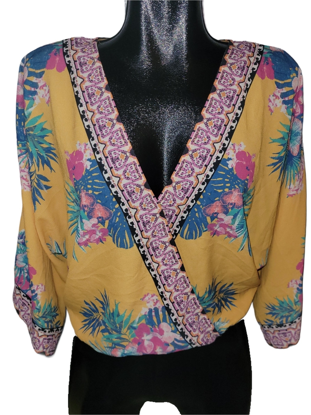 Flying Tomato Yellow Tropical Floral Print Faux Wrap Boho Top Size S